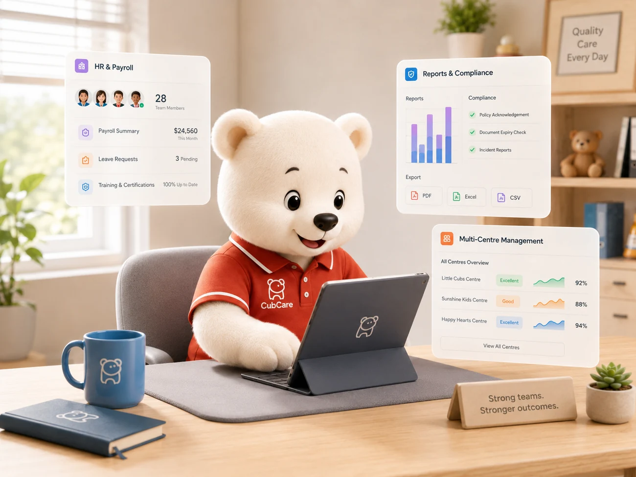CubCare reports and compliance view with exports to PDF, Excel and CSV, plus HR and multi centre overview