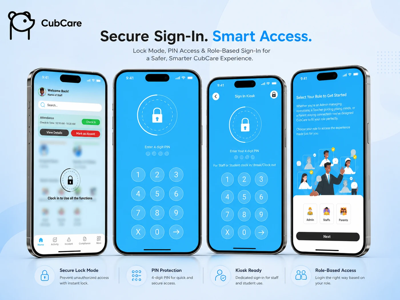 CubCare secure sign in on mobile with lock mode, PIN access, kiosk sign in and role based access